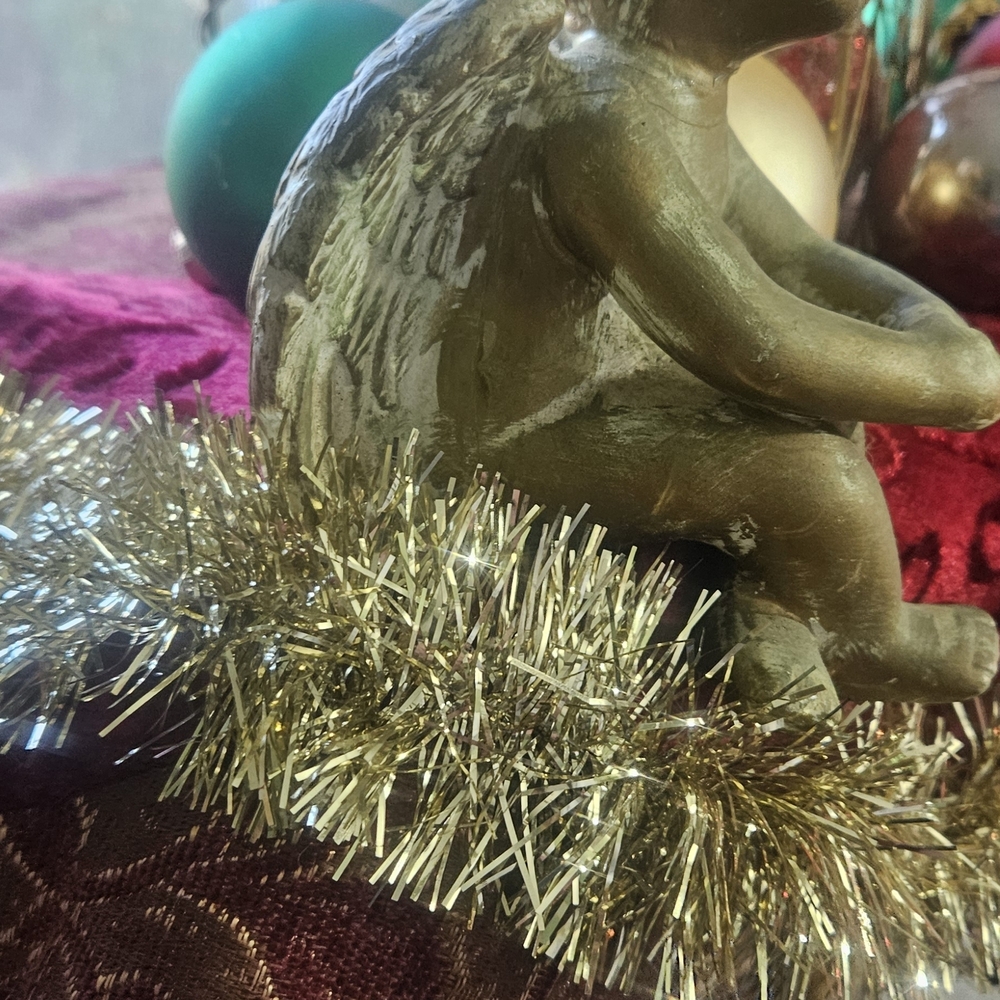 Elegant Bronze Angel Figurine with Gold Tinsel
